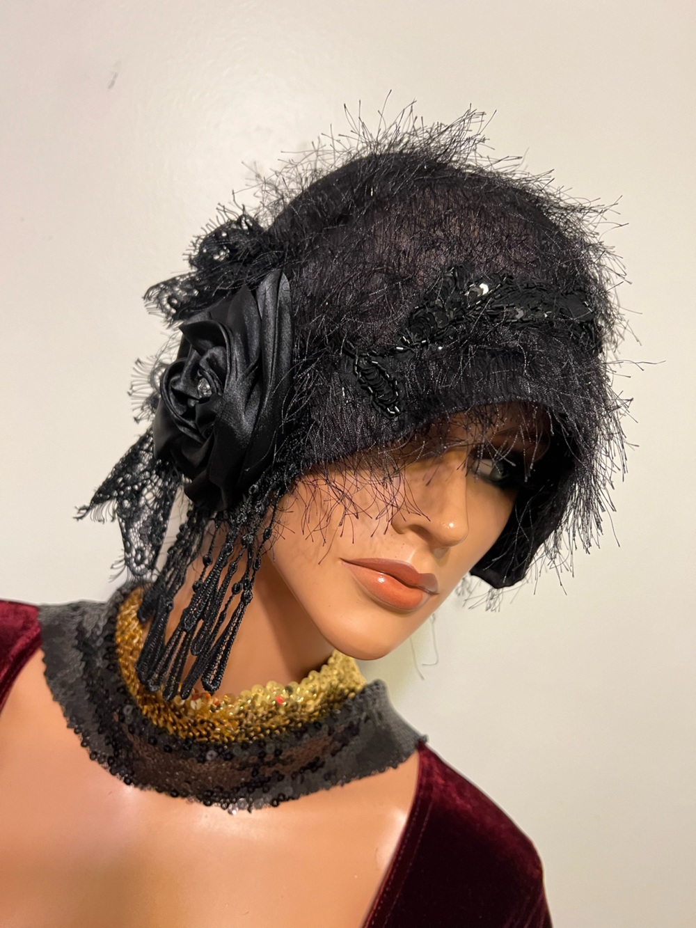 Black Flapper Cloche Hat with Fringe and Rosette